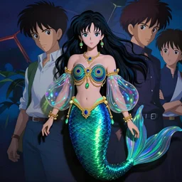 professionally painted realistic real life blacklight colorful, anime mermaid with a fish body, wearing an elegant peacock top, with large transparent bubble sleeves, golden jewelry and gems everywhere, art by yuji ikehata and satoshi kon, background art by miyazaki, proper human proportions