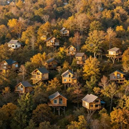 a village full of tree houses nestled in a forest, modern architecture, golden hour, autumn leaves, realistic high quality art digital art