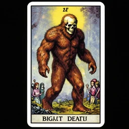 bigfoot death tarot card, highly detailed, half skull face, cinematic, 8 k, by stanley artgermm, tom bagshaw, greg rutkowski, carne griffiths, ayami kojima, beksinski, giger, trending on deviantart, hyper detailed, horror, full of colour