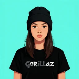 digital art, portrait, girl wearing a beanie and black t - shirt, flat cyan background, centered, gorillaz ( band ), art by jamie hewlett