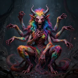 a beautiful, colorful, flesh - eating, whimsical demon with rainbow fur, seven arms, seven legs, three heads, by alexandro judorowski and basia tran, fear, morbid, nightmare, supernatural, 8 k, digital art, highly detailed, chiaroscuro, creepy, terrifying
