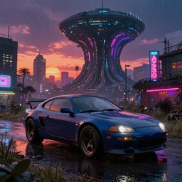 a beautiful ultradetailed highly detailed car urbex architecture by georges seurat, meadow tron sunset fantasy futuristic water rain night extraterrestial apocalyptic lightpaint elysian san andreas at dusk dramatic lighting neon signs azeroth neon noir retro darkacademia matte painting wilderness, archdaily, wallpaper, highly detailed, trending on artstation.