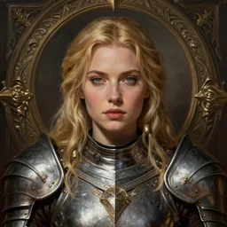 head-on centered symmetrical painted portrait, Elisha Cuthbert as a paladin, blonde hair, ancient guardian plate armour, dramatic lighting, intricate, fantasy, intricate, elegant, highly detailed, digital painting, smooth, sharp focus, illustration, dramatic lighting, artstation, in the style of Artgerm and Anna Podedworna
