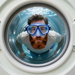 tiny bearded Canadian snorkeling inside washing machine, photo, detailed, 4k