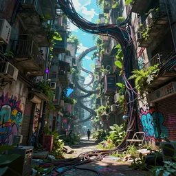 an intricate concept art illustration of an undergrowth getto street with graffiti, anime style, global illumination, computer wires, digital art, photorealistic movie still, style ivan talavera and artgerm, hyper realistic, photorealistic, octane render, trending on artstation, cgsociety, cinematic light, 8 k