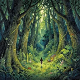 an enchanted forest by mœbius and akihiko yoshida, 4 k wallpaper, highly detailed, intricate brush strokes