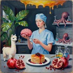 dark kitchen of an art student, portrait of a female surgeon holding a brain, tropical houseplants, honey dripping from ceiling, berries dripping juice, pancakes, pomegranate, berries, alpaca sculpture, octopus, scientific glassware, neo - expressionism, surrealism, acrylic and spray paint and oilstick on canvas