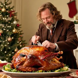 William H Macy carving a turkey with a knife during Christmas