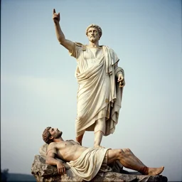 a vintage portrait of julius caesar standing on top of a deceased pilate, film grain, 3 5 mm film, 4 k, 8 k, ethereal and authentic