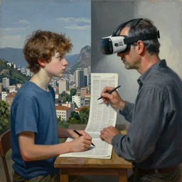 a painting depicting a son, who lives in sao paulo and father, who lives in portugal writing a news column about vr and ai the painting is divided in halves and they fuse with each other escher style