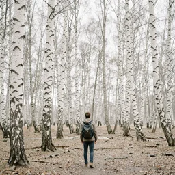 traveler in a birch tree forest, by trent parke, overexposed, film grain