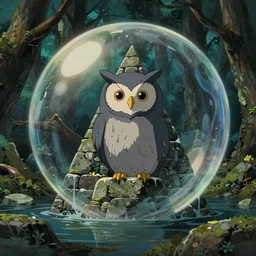 pov hyperrealist, dull colors, interior shot from howls moving castle 2 0 0 4 of a grey owl dripping in front of a cubic bubble in a flooded woodland stonehenge pyramid. bubble.