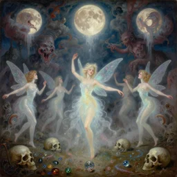 concept art of translucent glowing fairies dancing, lovecraftian, renaissance, melting, round moons, rich clouds, fighting the horrors of the unknown, very detailed, volumetric light, mist, fine art, decaying, textured oil over canvas, epic fantasy art, very colorful, ornate intricate scales, floor of skulls, fractal gems