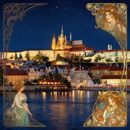 a view from the river of a city resembling prague, paris, and venice at night with the sky full of stars, intricate, elegant, highly detailed, digital painting, artstation, concept art, smooth, sharp focus, colored illustration for tattoo, art by krenz cushart and artem demura and alphonse mucha,