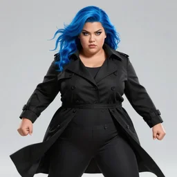 thick chubby filipina marvel superhero, beautiful face, intense eyes, bright blue hair, long black trench coat, fully clothed, action pose, comic book style, highly detailed, dynamic shadows, dynamic lighting, geoff johns, jason fabok, jason fabok, brad anderson, splash art