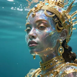 hyperrealistic futurist whole body cinematic very expressive! translucent oshun goddess underwater scene, gold jewerly, highly detailed face, digital art masterpiece, smooth eric zener cam de leon, dramatic pearlescent turquoise light on one side, low angle uhd 8 k, shallow depth of field