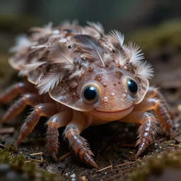 a portrait shot of a beautiful tardigrade!!! smiling!!! covered in feathers, front shot. lots of big cute eyes!!! tilt shift photography, extreme dof