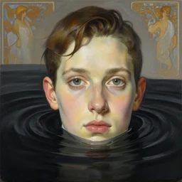 hyperrealist painting portrait submerge in a black water wave, wet by lucian freud and alphonse mucha,, very detailed faces