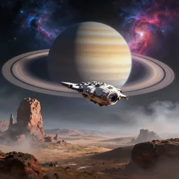 space ship landing on an alien planet, sci - fi, huge saturn with rings in the background, vibrant nebula, strange rock formations, rolling hills, atmospheric, misty, artstation, deviantart