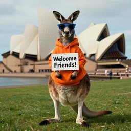 A portrait photo of a kangaroo wearing an orange hoodie and blue sunglasses standing on the grass in front of the Sydney Opera House holding a sign on the chest that says Welcome Friends!, dramatic lighting, cinematic lighting, establishing shot, photorealistic, high details, cinematic, 8k resolution, extremly detailed, photorealistic, artstation, unreal engine