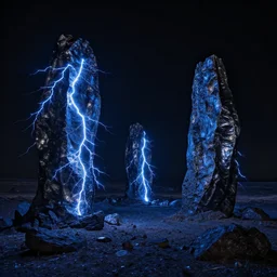 metallic black rock desert with electrical blue discharges, many electrical blue arches transmitting between the different rocks, electrical blue sparkles in the ground, moonless night, very black sky, cinematic, high quality, 1 6 k, breathtaking, fantasy digital art, in the style of beksinski