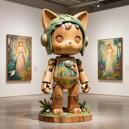3 d octane render, ultra photorealistic, 8 k hyper detailed, a very very cute wooden roman statue robot of the anthropology, cat ears, cyberpunk, jungle, birds f cgsociety, in a contemporary art gallery, in neo tokyo, artwork by alphonse mucha