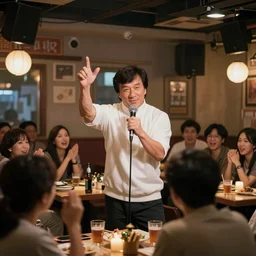 jackie chan singing karaoke at a restaurant with audience