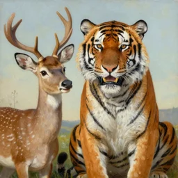 A friendly tiger posing in a selfie with his deer friend, oil painting by Salvador Dali