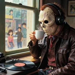 vintage texas chainsaw massacre movie poster with leatherface listening to a vinyl and sipping a cup of hot coffee by the window by makoto shinkai takashi takeuchi yoshiyuki sadamoto greg rutkowski chiho aoshima, sharp focus, trending on artstation, cinematic lighting, hyper realism, octane render, 8 k, hyper detailed