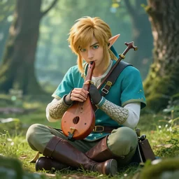 a photorealistic portrait of link sitting in woods of hyrule playing ocarina, with a ultra detailed texture and a dreamy atmosphere, hdr, cinematic scene, beautiful light