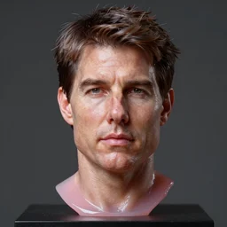 studio photograph of hyperrealistic accurate portrait sculpture of tom cruise, beautiful symmetrical!! face accurate face detailed face realistic proportions, made of translucent pink gelatin on a pedestal by ron mueck and frank frazzetta, hyperrealism cinematic lighting shocking detail 8 k