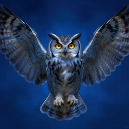 artstation, cgsociety, concept art, digital painting, album cover art, highly detailed, bright golden eyes in the night, illustration, art by greg rutkowski, symmetrical, blue night lighting, cinematic lighting, sharp focus, alphonse mucha, closeup portrait of a gray owl attacking with spreaded wings