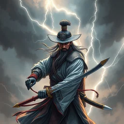ancient ntricate line painting, game character ] design of a chinese anicientwarrior in clothes with a broadsword, down hard, dark cloud and lightning on the background, dramatic lighting, cg, extremely detailed, 8 k, sophisticated