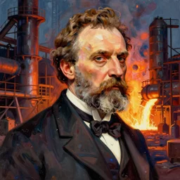 brilliantly colored lithograph of a fragmented portrait of andrew carnegie blending into a steel factory lit by molten steel