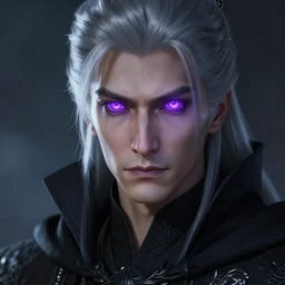 portrait of a man with glowing purple eyes dressed in a black cloak with silver hair, detailed face, fantasy, highly detailed, cinematic lighting, digital art painting by greg rutkowski
