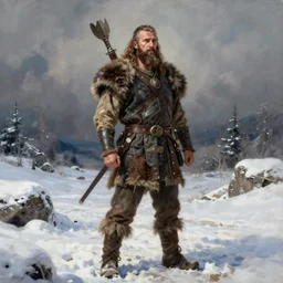 full body realistic painting of viking barbarian, winter, epic, steve huston style newell convers wyeth