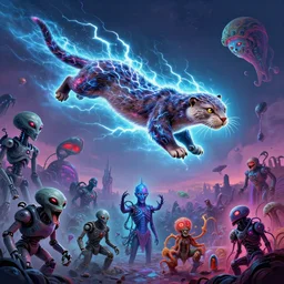 otter made of electricity flying in the sky ; cat flying in the sky ; panther flying in the sky ; humans being devoured ; aliens, robotic machines, gods, bio - mechanical intelligences, glitch creatures, dmt entity ; lsd art, trending on artstation, style greg rutkowski