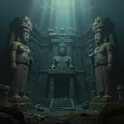 low ultrawide shot, dark, underwater statues, submerged pre - incan temple with carvings, abyss, stylized, anime style mixed with fujifilm, detailed gouache paintings, crepuscular rays, dark, murky, foggy, atmospheric, artstation, cgsociety, unreal engine 5, octane render