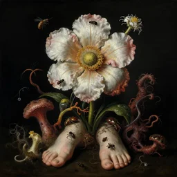 disgusting disturbing strange dutch golden age bizarre mutant flower floral still life with many human body parts realistic human toes blossoming everywhere insects very detailed fungus tumor disturbing tendrils bizarre slimy forms sprouting up everywhere by rachel ruysch christian rex van minnen black background chiaroscuro dramatic lighting perfect composition masterpiece high definition 8 k 1 0 8 0 p