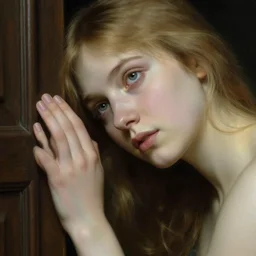 girl in thought by auguste toulmouche and bouguereau, intimate lighting, perfect detailed eyes, beautiful hands, pale skin, blonde hair, leaning on door