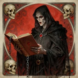 A grim magical art nouveau painting of a lich sorcerer chanting a spell while holding a big tome with chains, in the style of Mary Dimary and Darkchylde, Ruby insets, fantasy skull, muted colours, vibrant reds, 4k, trending on artstation, pinterest, pixiv