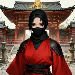 portrait ninja gaiden girl + smoky eyes, matt black / little red color ninja wardrobe in ruined ancient yasukuni shrine, ssci - fi and fantasy, intricate and beautiful and elegant, highly detailed, digital painting, artstation, concept art, smooth and sharp focus, illustration, art by tian zi and wlop and alphonse mucha
