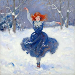 a red haired young girl dancing in the snow impressionist, vibrant masterpiece painting