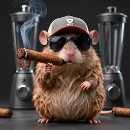 chubby anthropomorphic rat smoking an enormous cigar, wearing sunglasses, wearing a baseball cap, long fur,  anthropomorphic, blender, 3d render, 4k