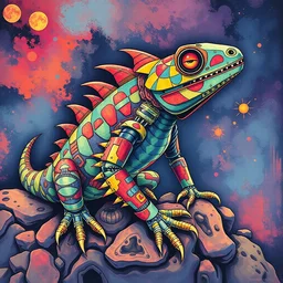 a beautiful painting robot lizard, by ukiyo - e award - winning art color screen printing
