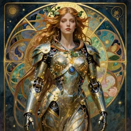 realistic detailed portrait of a humanoid mecha cyberpunk! goddess by Alphonse Mucha and Charlie Bowater and art germ, rule of thirds, golden ratio, Art Nouveau! cyberpunk! style, mechanical accents!, mecha plate armor, glowing LEDs, flowing wires with leaves, art nouveau accents, art nouveau patterns and geometry, rich deep moody colors, portrait style with the subject in the middle of the frame