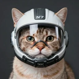 tuxedo cat wearing a mass effect n7 helmet