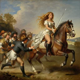 beyonce riding a horse with a sword chasing a tribe of eric claptons, baroque style painting, well lit, highly detailed