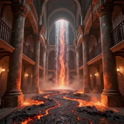 beautiful victorian prison jail with large pillars, lava streams, magma cascades, chains hanging from ceiling, light dust, by peter mohrbacher dan mumford craig mullins nekro, cgsociety, pixiv, volumetric light, 3 d render
