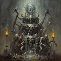 oil paint of 1 1 horrifying machines in tiers, insane speed, broken glass grotesque medical instruments by wayne d barlowe, boris vallejo, stefano tamburini, torch light, muted colors, epic, hyper detailed, awe inspiring, award winning horror, hyper realism, cinematic